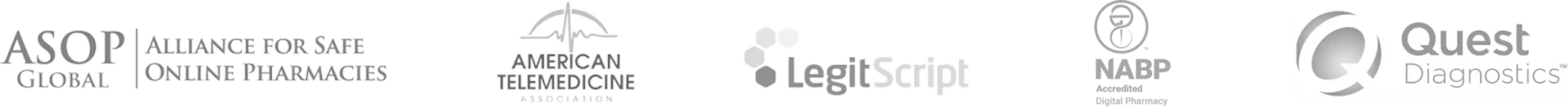 logos for Alliance for Safe Online Pharmacies (ASOP Global), American Telemedicine Association, LegitScript, National Association of Boards of Pharmacy (NABP), and Quest Diagnostics